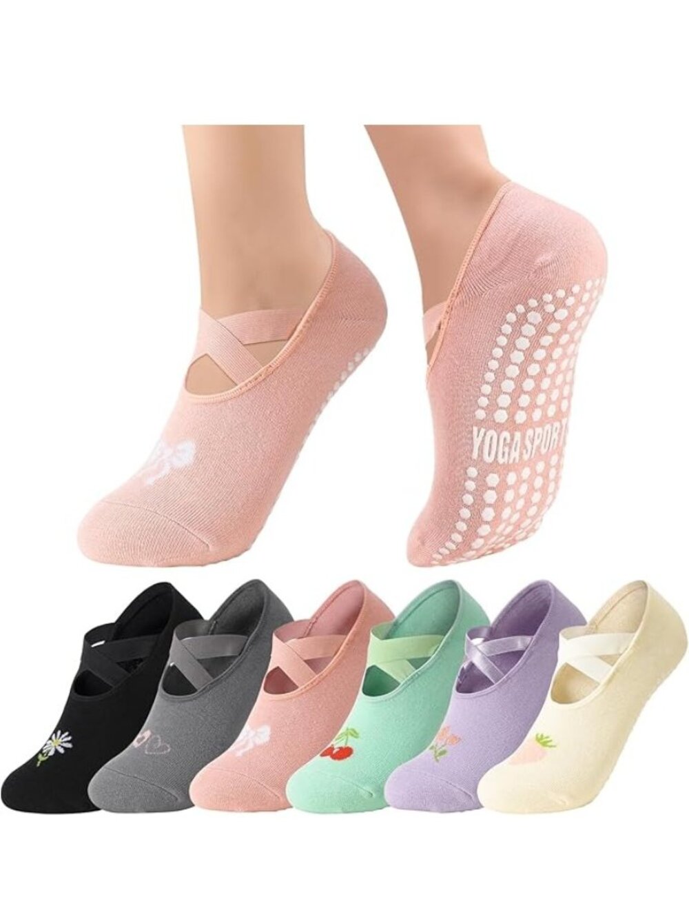 6 Pairs Pilates Socks for Women Non-Slip Grip & Straps